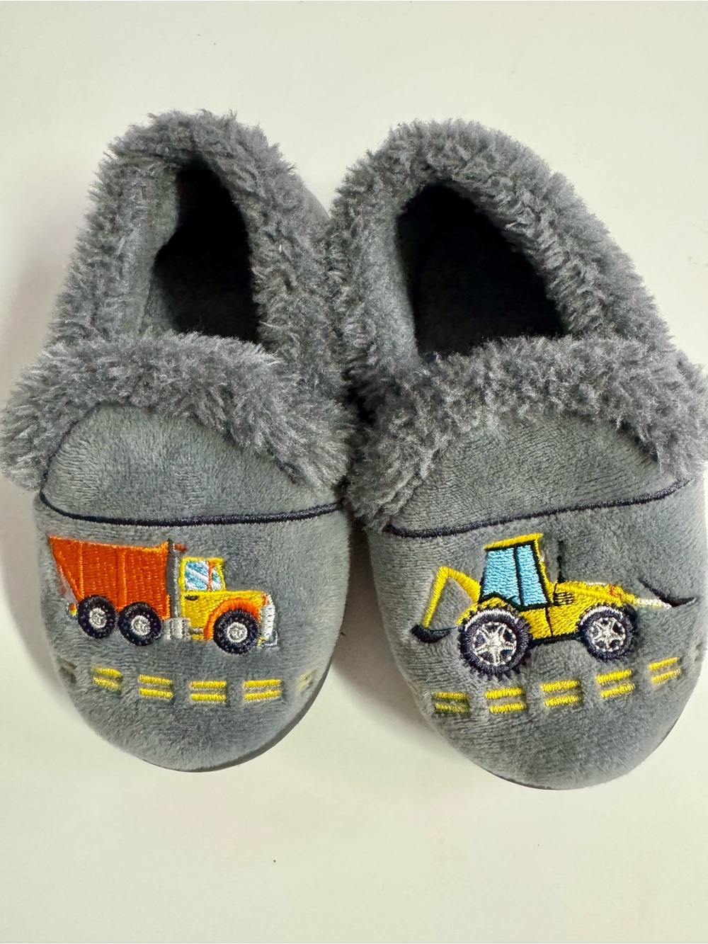 Carter's Gray Plush Slippers with Orange Dump Truck & Yellow Backhoe Embroidery